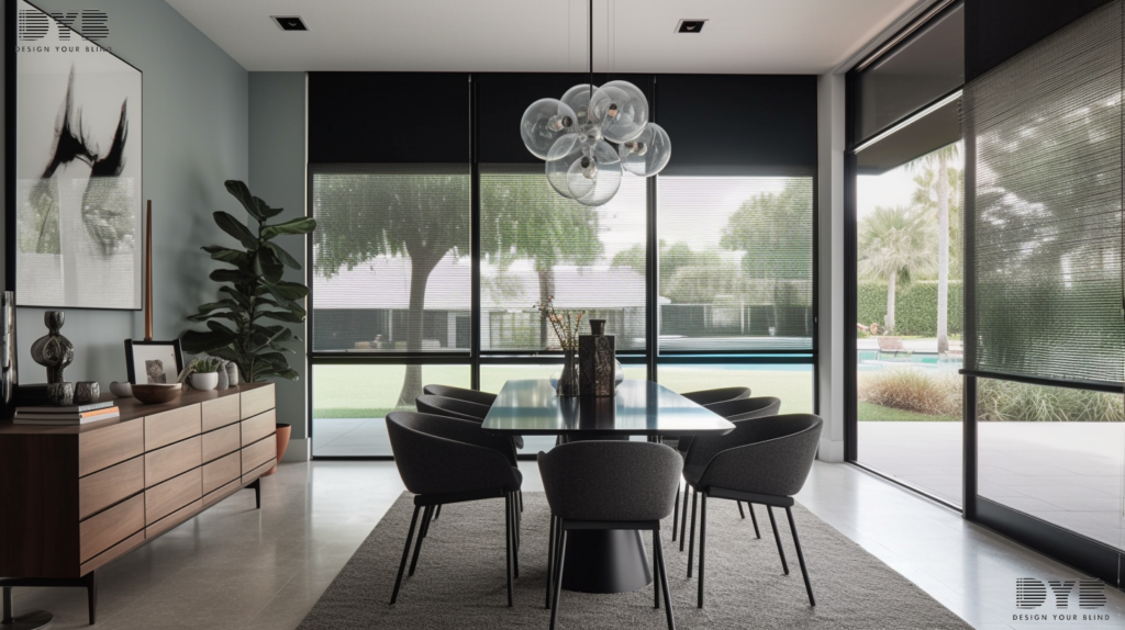A stylish dining room in Boca Raton, FL, featuring a sleek, glass-top dining table with comfortable, modern chairs from Crate & Barrel. The room is designed in a minimalist style, with the large window showcasing partially closed Blackout Roller Shades, creating a soft, diffused light that complements the room's airy ambiance. The shades are a deep charcoal color, adding a touch of sophistication and privacy to the space. The view outside is of a lush backyard, blending indoor and outdoor living seamlessly. The room is accented by a contemporary glass sculpture on the table, adding a touch of modern art to the space.
