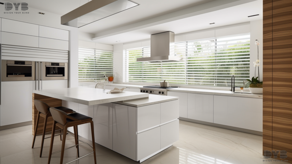 A kitchen in Boca Raton, FL, featuring a minimalist design with sleek white cabinetry and stainless steel appliances. The windows are adorned with partially closed Silhouette Shades, providing a controlled stream of natural light.