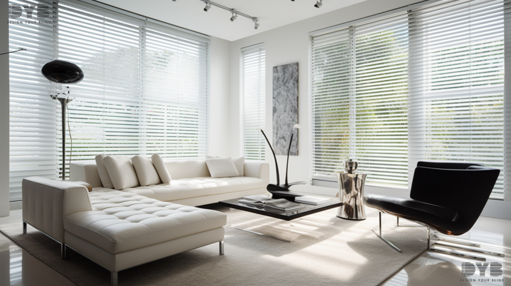 Modern living room in Boca Raton, FL, featuring aluminum blinds on large windows.