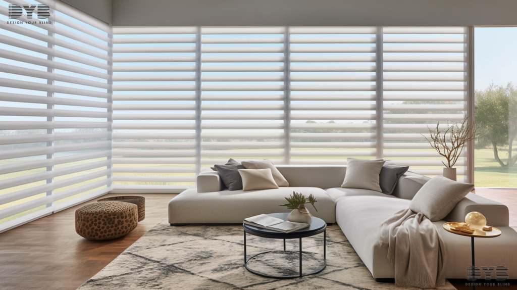 A close-up shot of a window with designer banded shades, a plush white sectional sofa, and a glass coffee table.