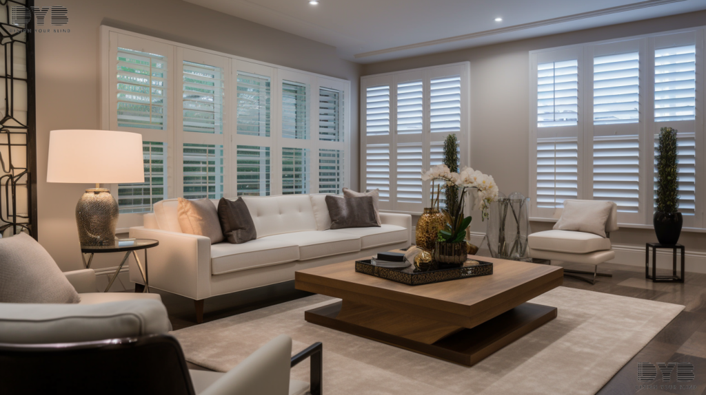A spacious living room with plantation shutters, sleek furniture, a modern rug, and a sculpture on a glass coffee table.