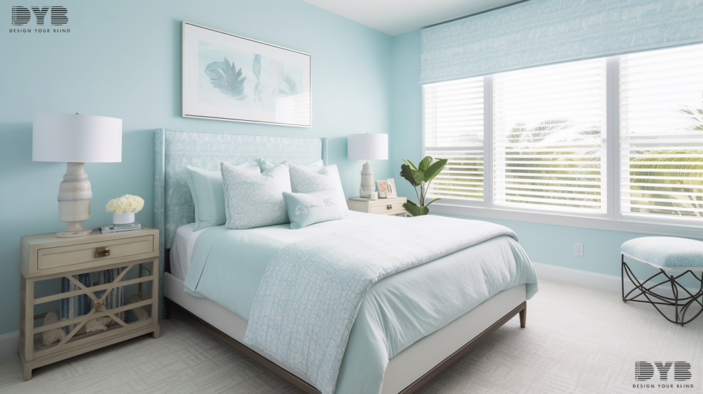 A serene guest bedroom in Boynton Beach, FL, featuring a coastal-inspired Bernhardt bed with a light blue patterned duvet. The room is designed in a coastal style, with the large window showcasing partially closed Zebra Shades, creating a soft, diffused light that complements the room's calming ambiance. The shades feature a striking pattern of alternating bands of white and a light, sandy beige, adding a touch of sophistication to the room's beachy vibe. The view outside is of a sparkling pool in the backyard, blending indoor and outdoor living seamlessly.
