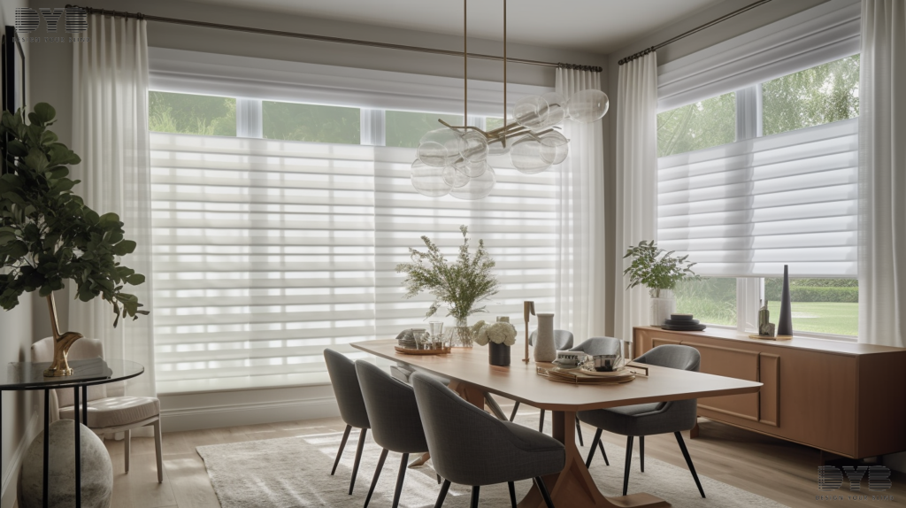 A modern farmhouse dining room in West Palm Beach, Florida, with a large window featuring elegant white sheer curtains overlooking a backyard.