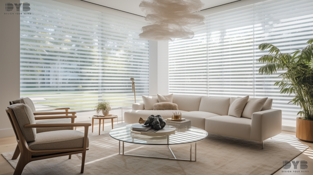 Modern living room with Pirouette shades, offering adjustable light control in a Palm Beach Gardens home
