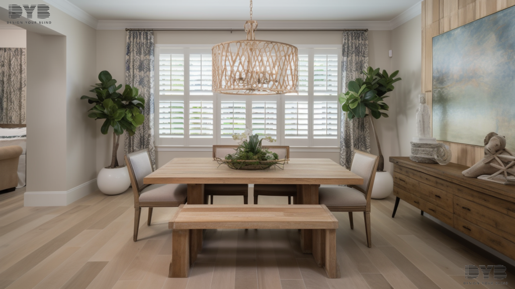 A charming casual dining room in Palm Beach Gardens, FL, featuring a rustic wooden table with comfortable, upholstered chairs from Baker Furniture. The room is designed in a coastal style, with the large window showcasing partially closed Pirouette Shades, creating a warm, inviting ambiance. The shades are a soft, natural beige color, complementing the room's coastal theme. The view outside is of a lush garden, adding a touch of tranquility to the space. The room is accented by a contemporary metal sculpture on the table, adding a touch of modern art to the space.