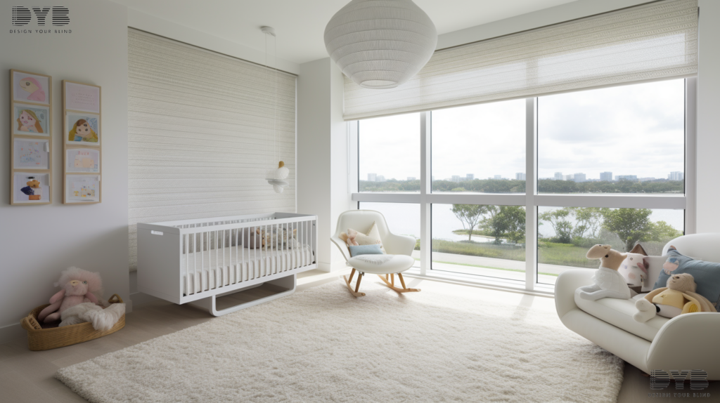 A close-up shot of a window with Silhouette Shades in Boca Raton, FL. The shades are partially closed, creating a soft, diffused light that illuminates a kids bedroom with a Bernhardt crib and plush rug.