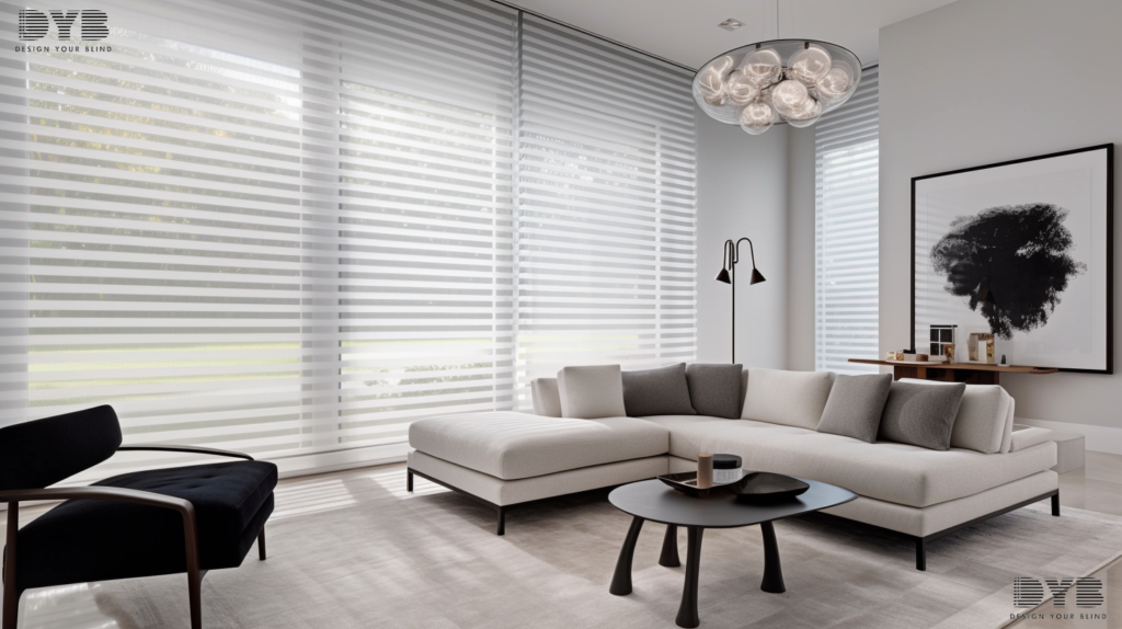 A modern playroom in West Palm Beach, Florida, with a large window featuring Hunter Douglas Silhouette Shades and a view of a golf course.