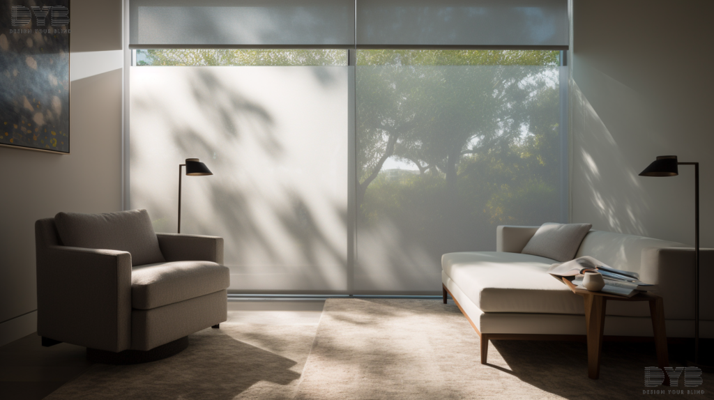 A close-up shot of a window with a partially closed solar shade, allowing soft light to filter into the room.