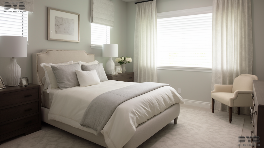 A guest bedroom in Boca Raton with sheer curtains, featuring a comfortable bed, a nightstand with a lamp, and a view of a lush garden.