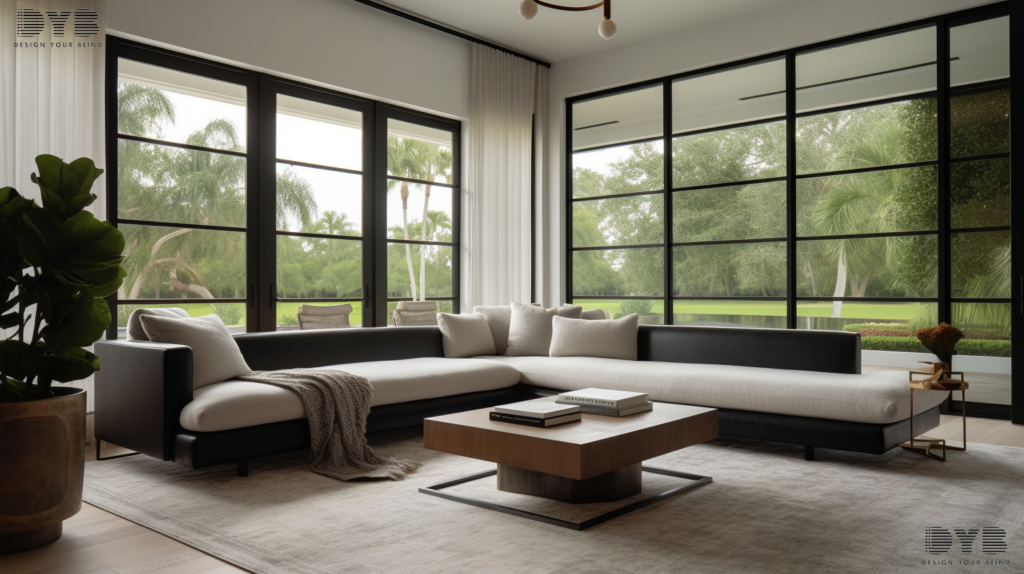 A living room in Boca Raton with blackout roller shades, featuring a cozy sectional sofa, a view of the canals, and a warm color palette.