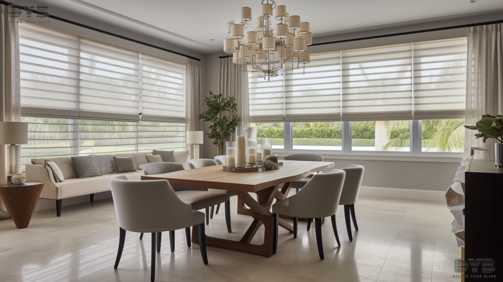 A spacious dining room in Boca Raton, FL, with a large dining table, comfortable chairs, and Screen Roller Shades, offering a view of the backyard.