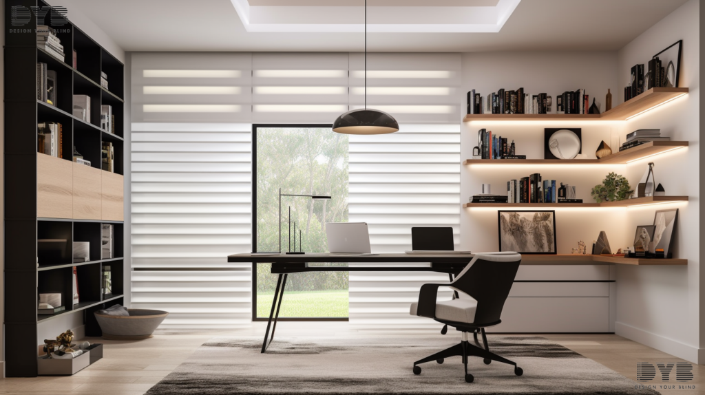 Motorized Pirouette Shades in a Boca Raton home office