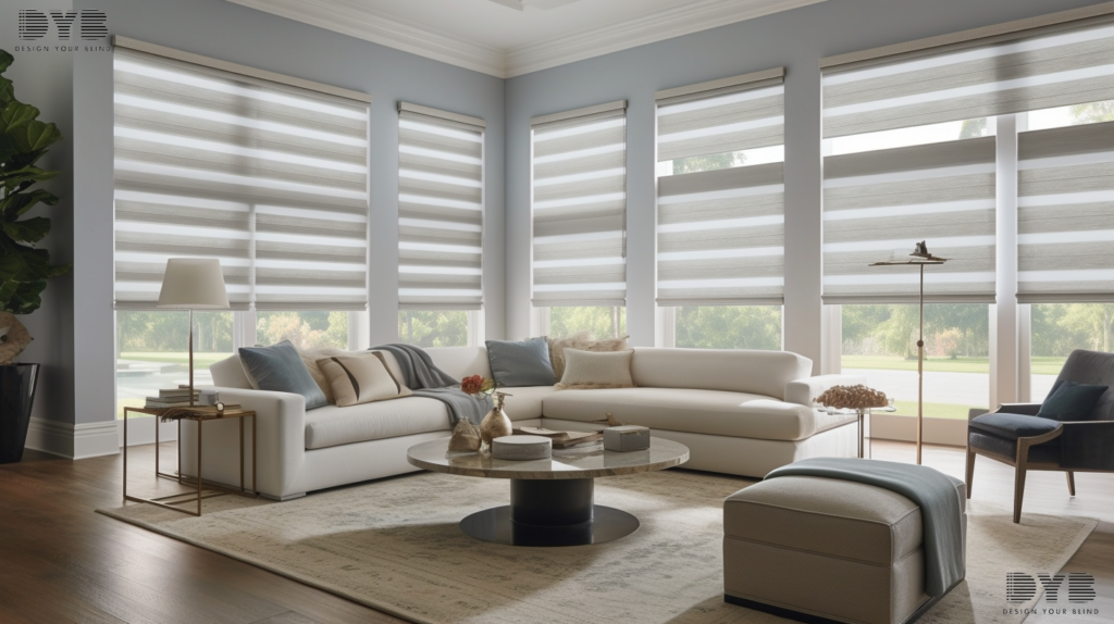 Motorized Designer Banded Shades in a Boca Raton living room