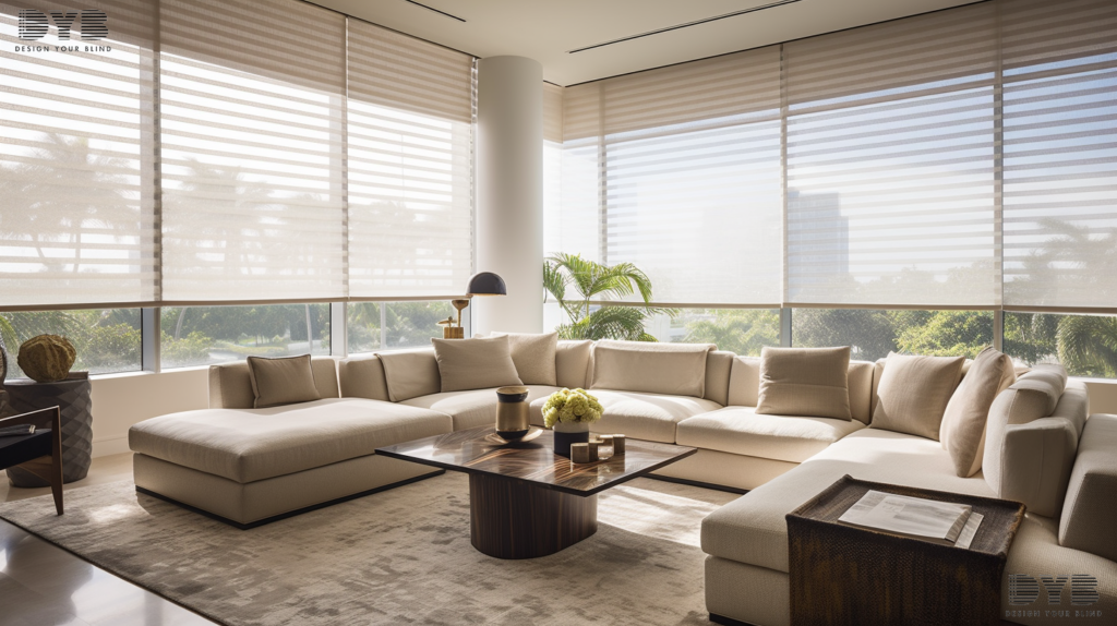 Boca Raton living room with motorized roller shades