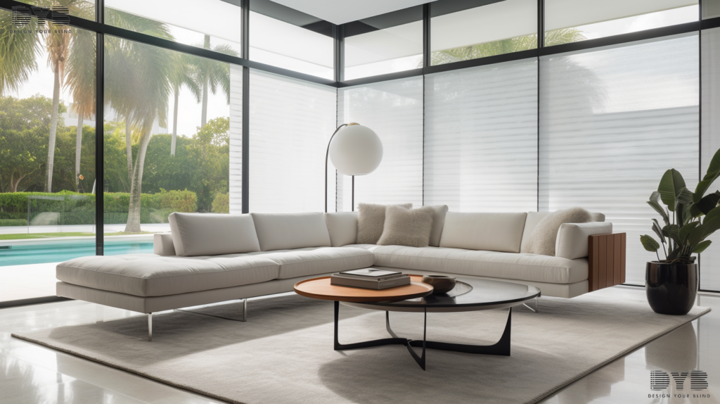 A minimalist living room in Boca Raton with Silhouette Shades, featuring a sleek sectional sofa, a large window with a view of a backyard with a pool, and natural light filtering through the shades.