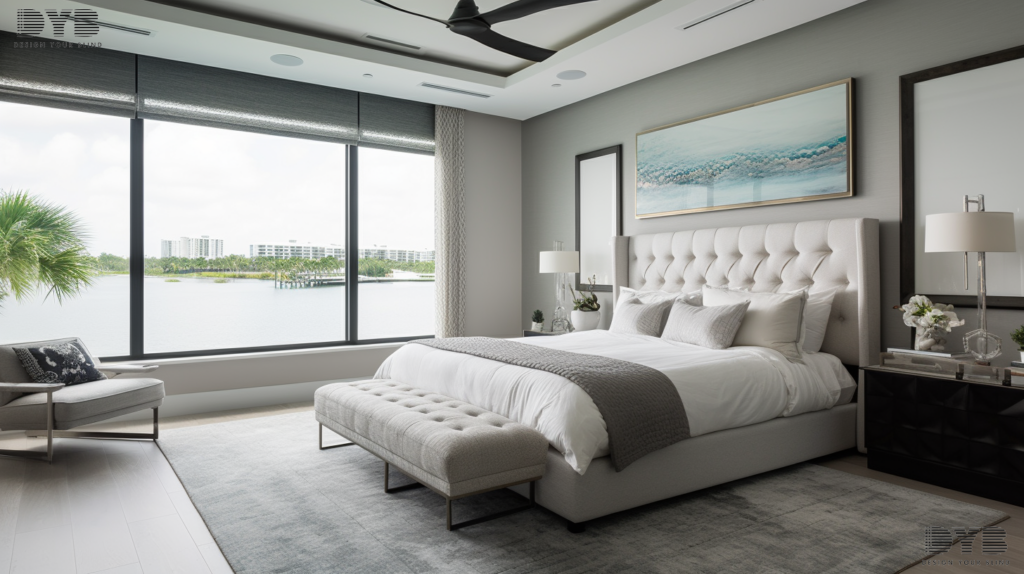 A spacious master bedroom in Boca Raton, FL, with a king-sized bed, a sleek nightstand, and Screen Roller Shades, offering a view of the Intercoastal Waterway.