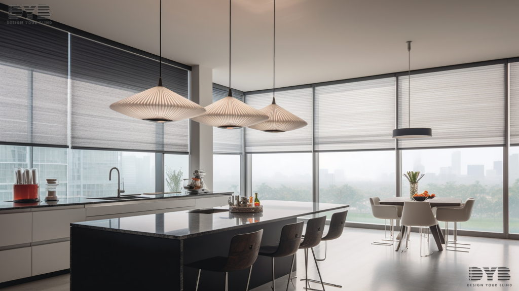 A modern kitchen in Boca Raton with cellular shades, featuring a sleek island, minimalist dining table, modern pendant lighting, and a view of a lake.