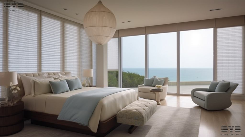 A stylish bedroom in Boca Raton, FL, with a large bed, coastal decor, and Screen Roller Shades.