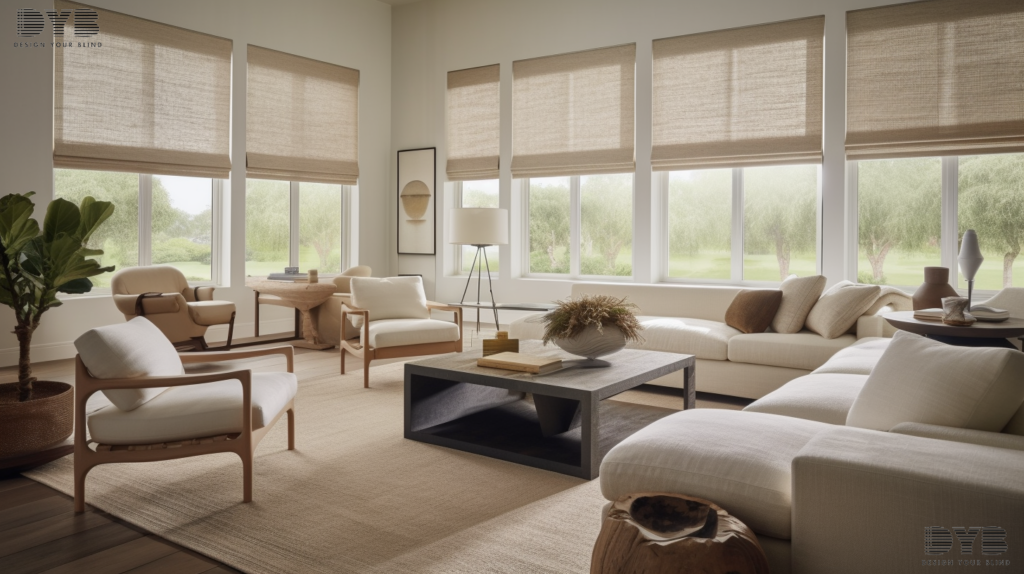 A spacious living room in Parkland, Florida, with partially closed solar shades, creating a serene atmosphere and protecting from the sun.