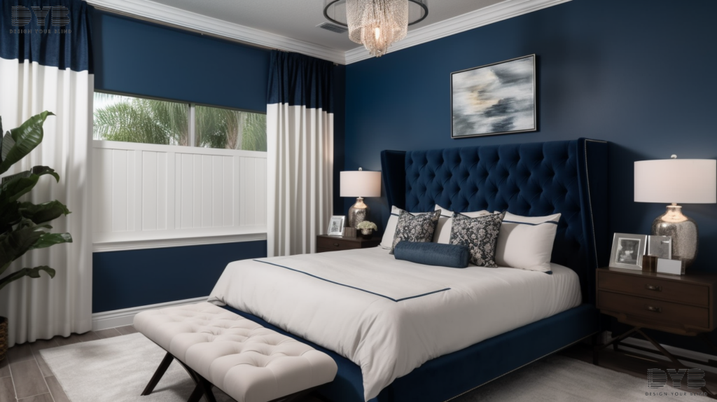 A spacious bedroom with fully closed Roman shades.