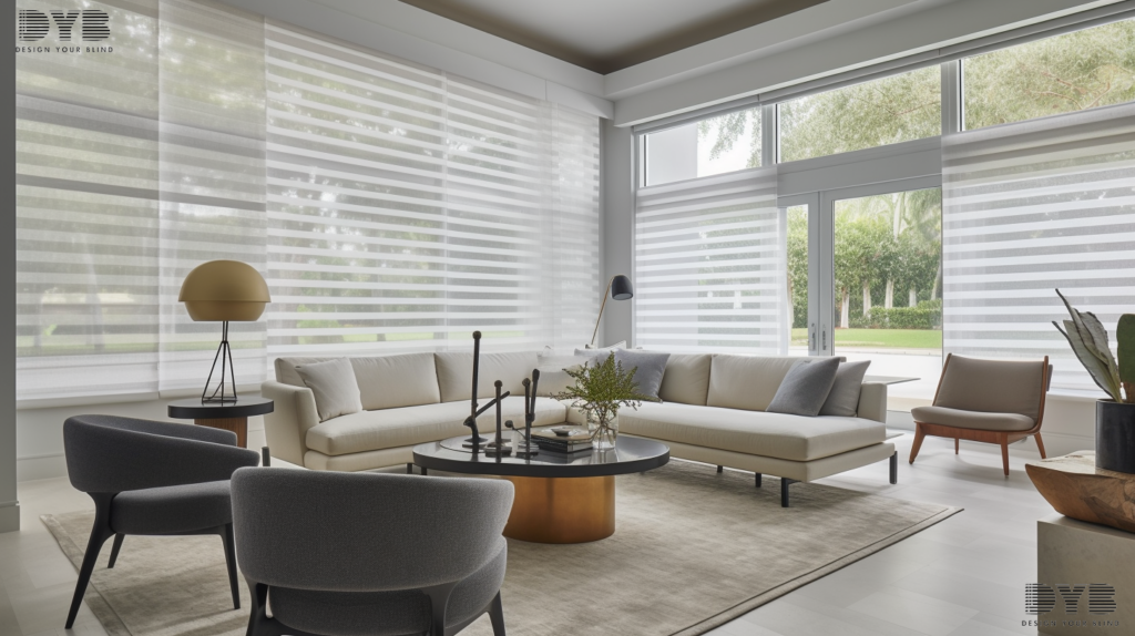 Farmhouse modern living room in Boca Raton with Solar Shades and a garden view