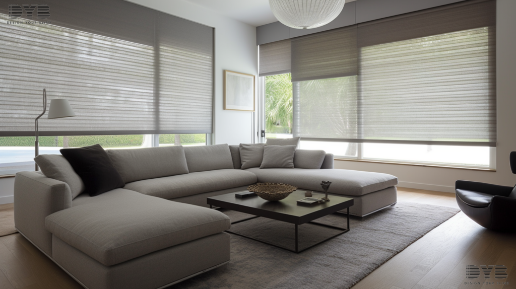 A living room in Boynton Beach, Florida, with fully closed, motorized Roman shades.