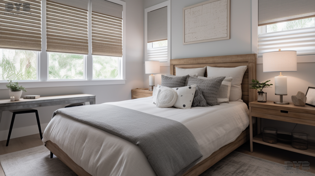 A cozy guest bedroom in Boca Raton, FL, with a comfy bed, a rustic nightstand, and Screen Roller Shades, offering a view of a lake.