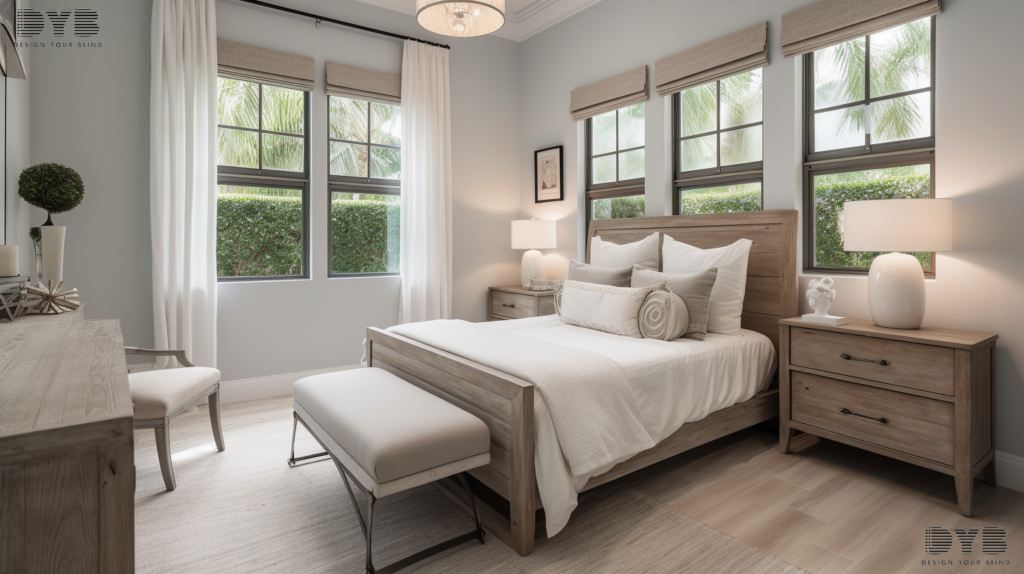 A guest bedroom in Boca Raton with motorized solar roller shades, featuring a comfortable bed, a vintage nightstand, and a view of a backyard with a pool.