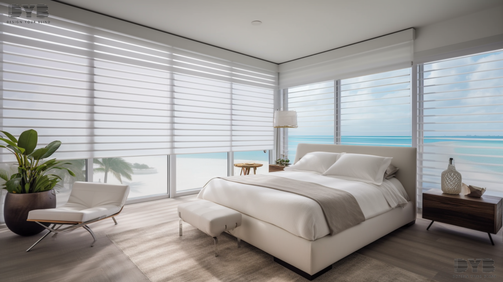 A Palm Beach Gardens master bedroom with Zebra Shades and a view of the ocean.