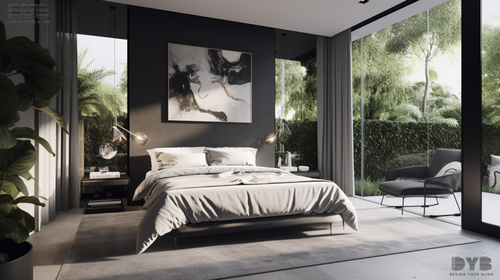 A Parkland bedroom with a large window, featuring fully closed motorized solar shades, creating a dark and peaceful atmosphere for sleep.