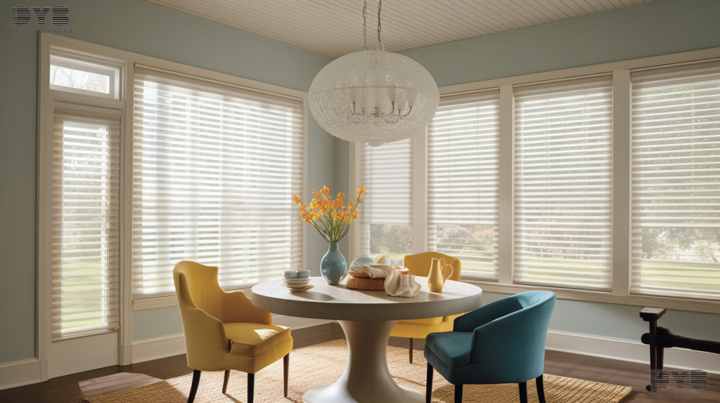 A Dining Room in Parkland, FL, featuring Screen Roller Shades in a Coastal design with Baker Furniture, offering sun protection and a garden view.