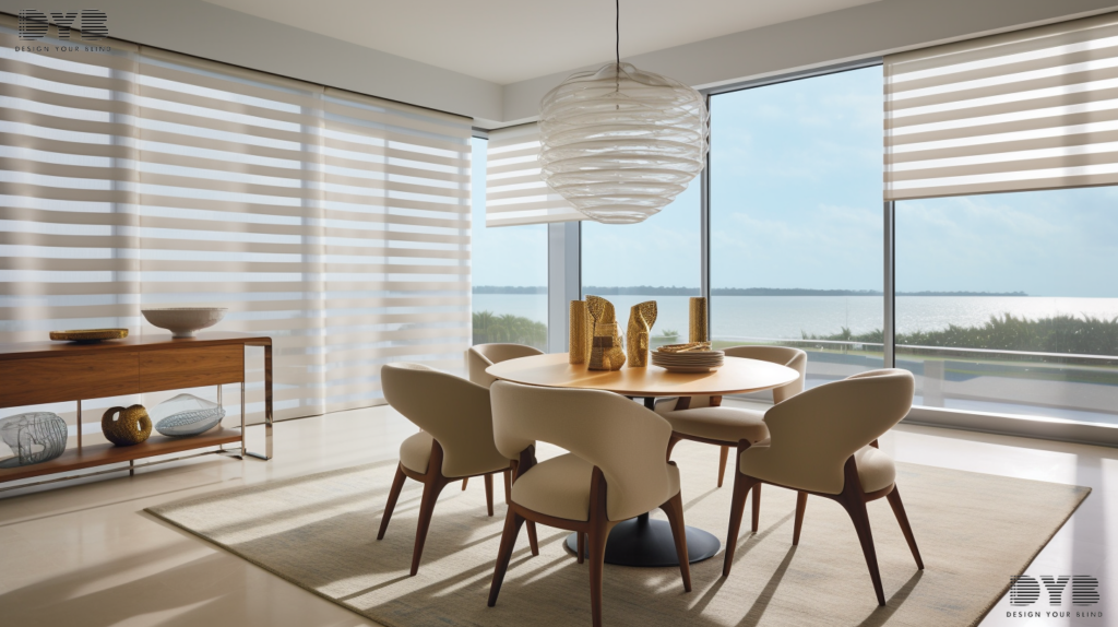 A Dining Room in Parkland, FL, featuring Screen Roller Shades in an Urban Modern design with Ethan Allen furniture, offering sun protection and stunning ocean views.