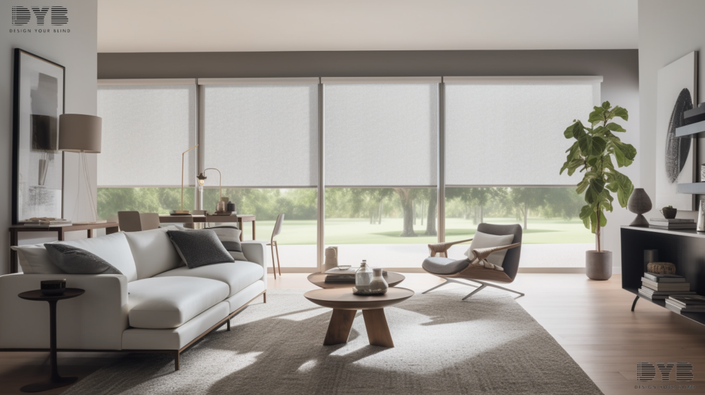 A Parkland living room with contemporary furniture and partially closed solar shades, creating a stylish and comfortable atmosphere.