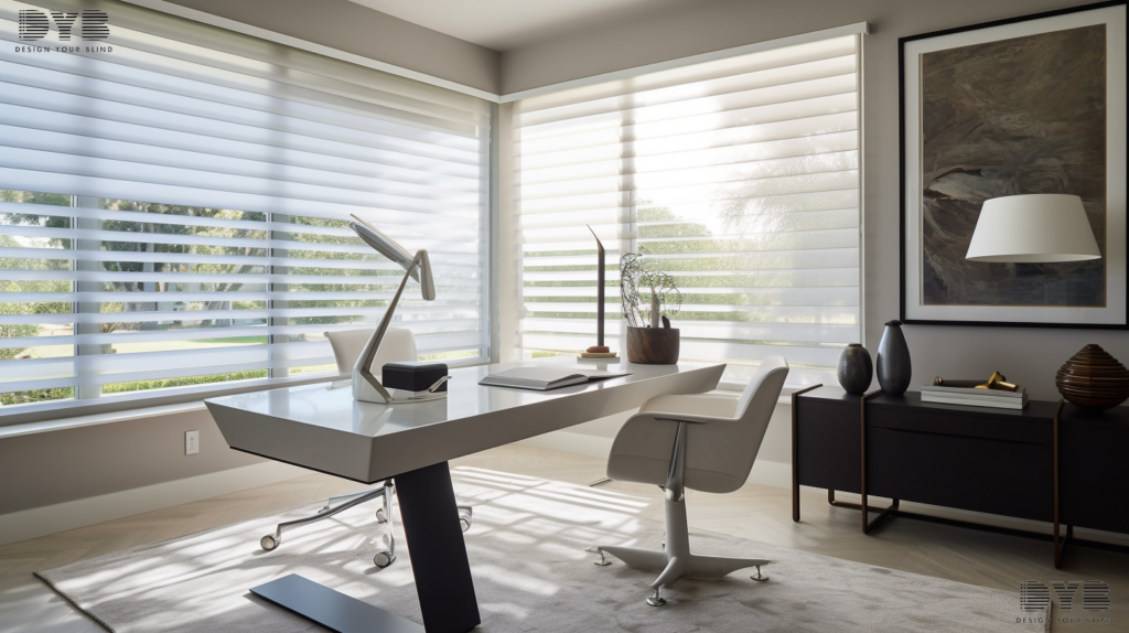 A minimalist home office in Boca Raton with Roman Shades with solid fabric, featuring a sleek desk, an ergonomic chair, a modern sculpture, and a view of a backyard with a pool.