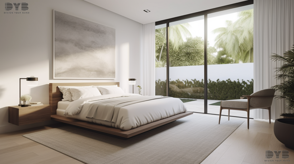A minimalist bedroom in Boca Raton, FL, with a sleek bed, a modern nightstand, and Screen Roller Shades, offering a view of the backyard.