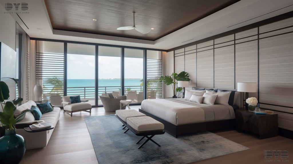 A luxurious master bedroom in Boca Raton, FL, with a king-sized bed, a cozy seating area, and Screen Roller Shades, offering a view of the Intercoastal Waterway.
