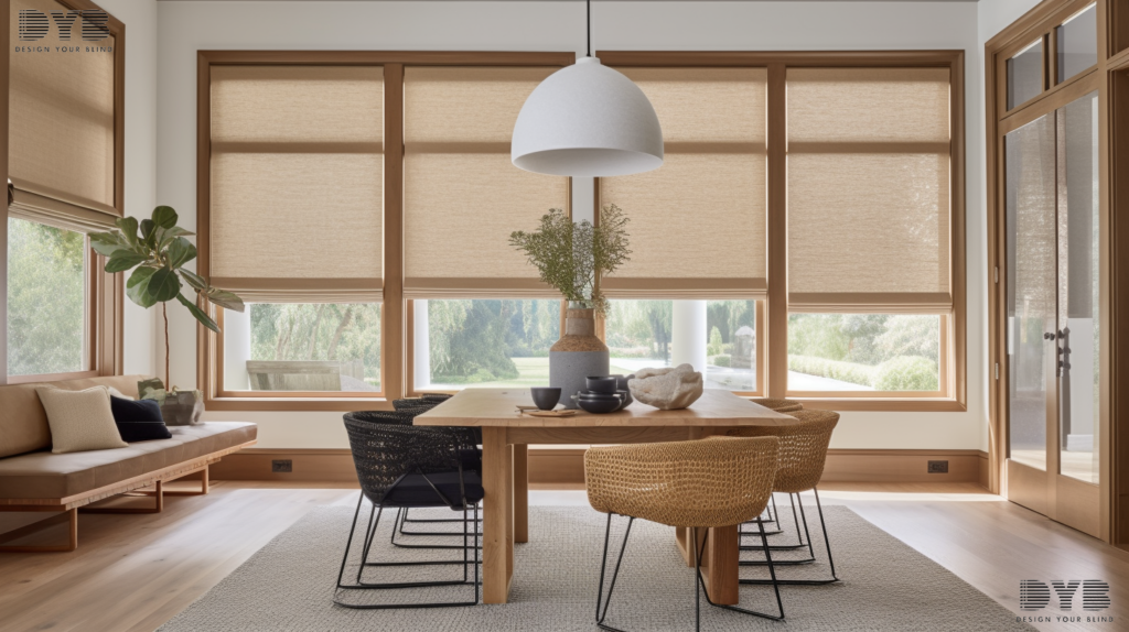 Screen Roller Shades in a Casual Dining Room with a Coastal design in Parkland, Florida, offering sun protection and style.