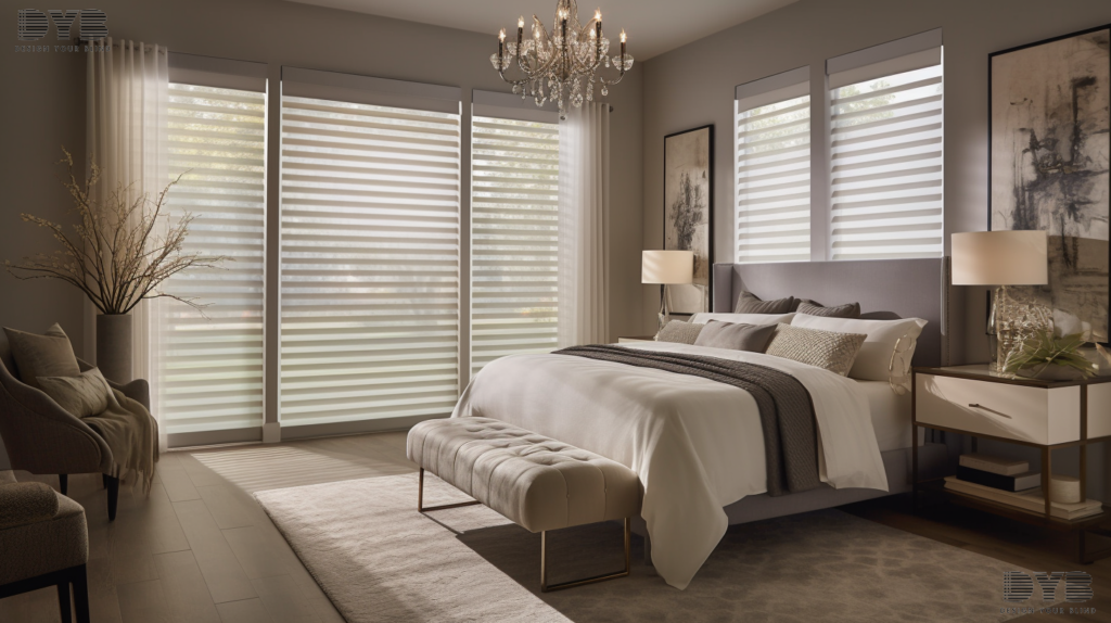 A Bedroom in Parkland, FL, featuring Screen Roller Shades in a Transitional design with Bernhardt furniture, offering a soft, diffused light and a view of the backyard.