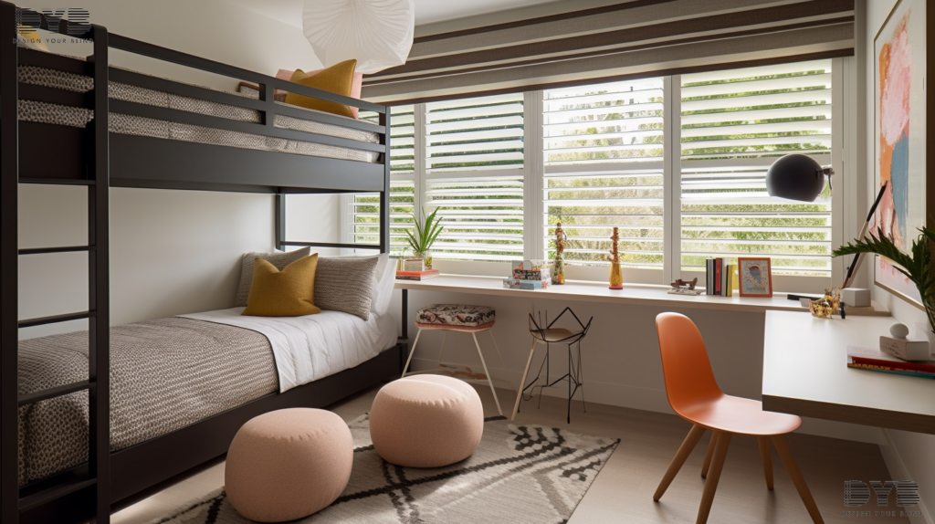 A Palm Beach Gardens kids bedroom with Zebra Shades and a view of the canal.