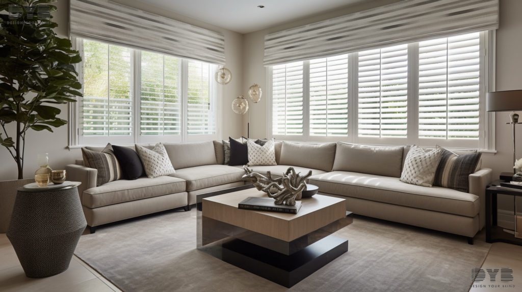 A Palm Beach Gardens family room with Zebra Shades and a view of the pool.