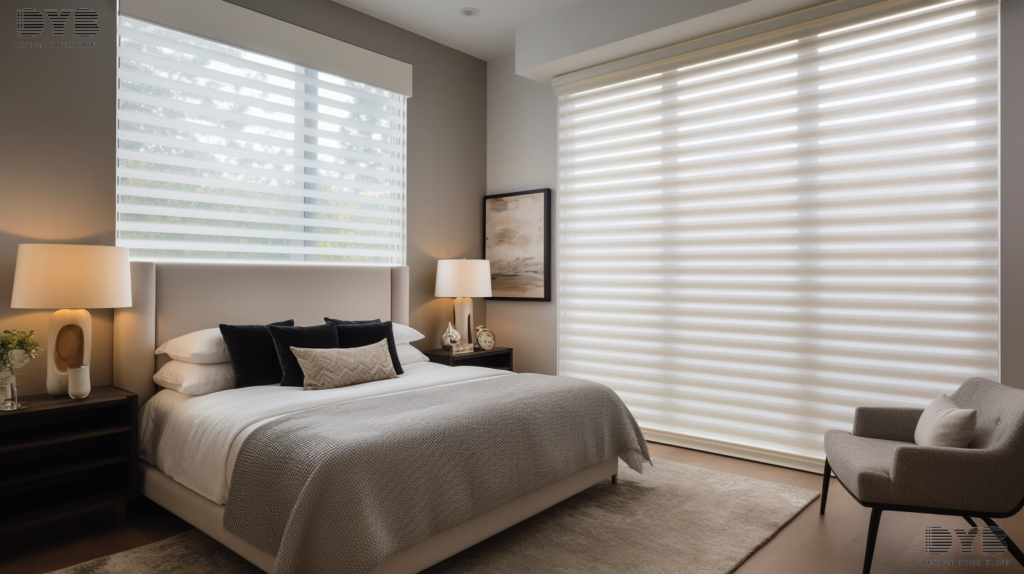 A Palm Beach Gardens bedroom with Zebra Shades and a view of the backyard.