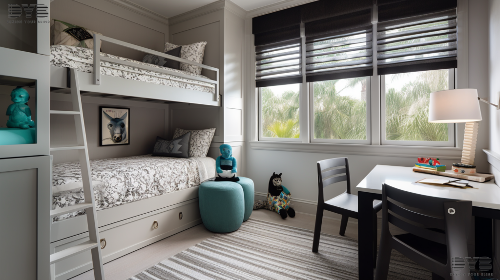 A Palm Beach Gardens kids bedroom with Zebra Shades and a view of the lake.