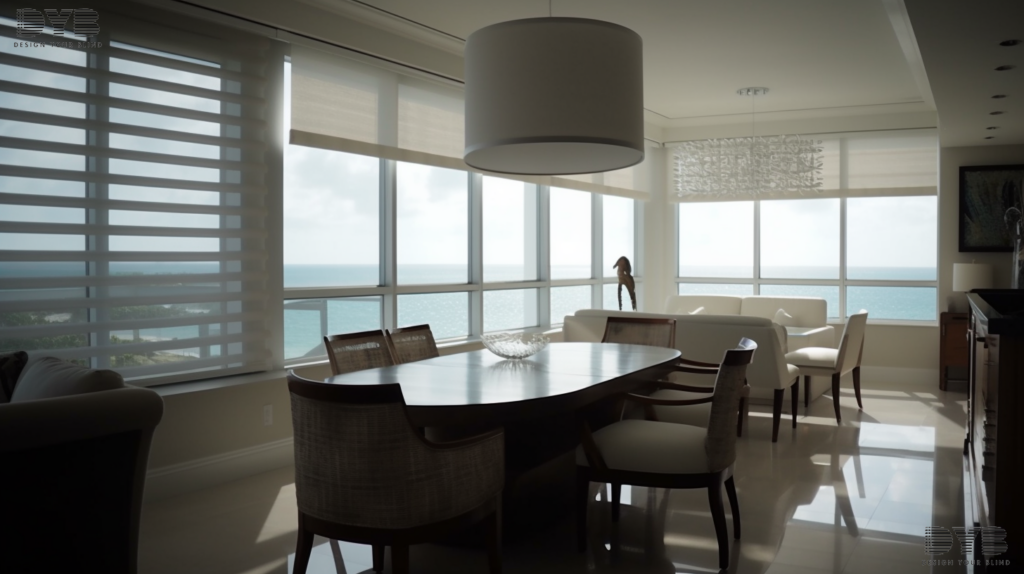 A spacious Casual Dining Room in Boca Raton, FL, with large windows fitted with Solar Roller Shades, showcasing a contemporary design aesthetic and breathtaking ocean views.