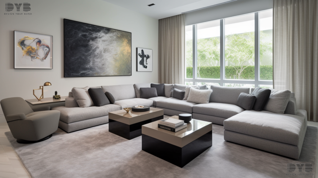 Motorized solar shades in a modern living room in Boynton Beach, Florida