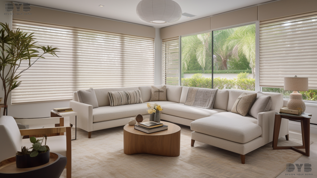 A coastal-inspired family room in West Palm Beach, Florida, featuring Cellular Shades that offer a cool and stylish ambiance.