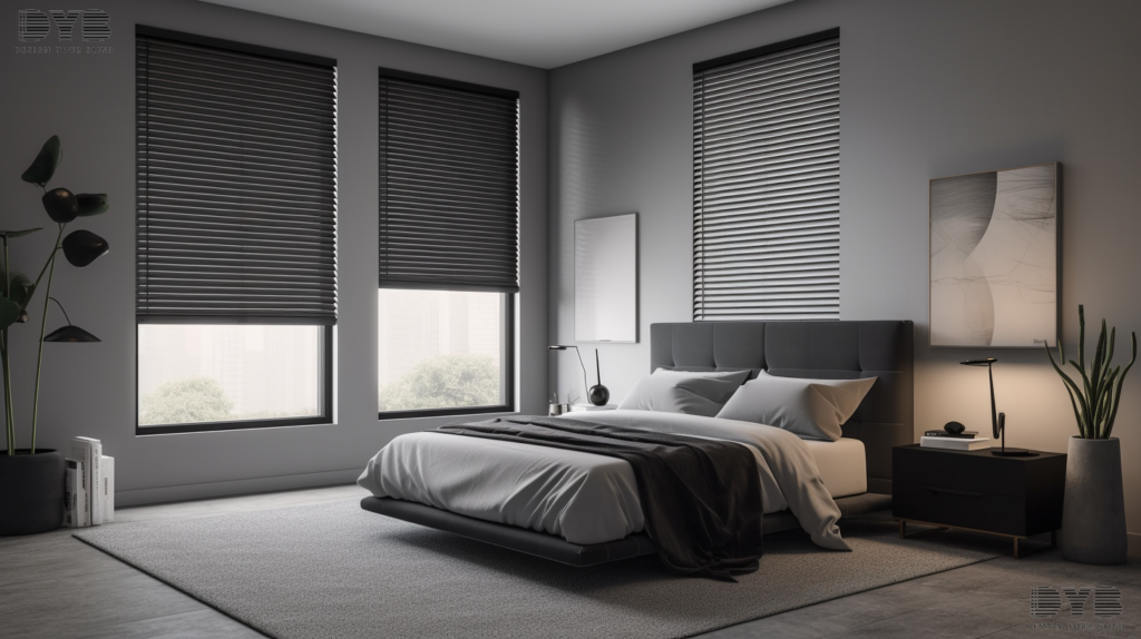 Roller Shades in a charcoal gray color, partially closed, in a bedroom with a garden view in Parkland, FL.