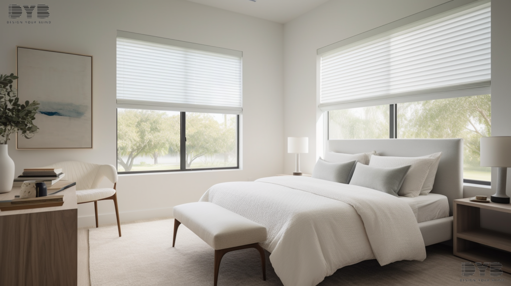 A guest bedroom in West Palm Beach, Florida, featuring Cellular Shades that provide privacy and a tranquil atmosphere.
