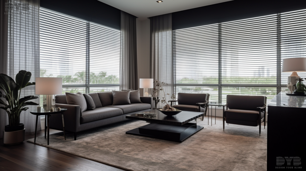 Roller Shades in a rich, dark brown color, partially closed, in a living room with a lake view in Parkland, FL.