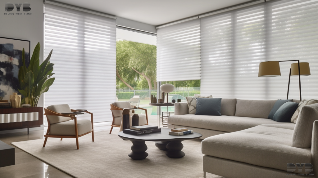 A contemporary living room in West Palm Beach, Florida, featuring Cellular Shades that provide a sophisticated and modern touch.