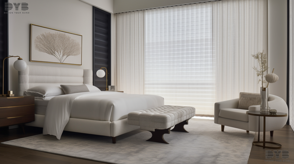 Roller Shades in a soft white color, partially closed, in a master bedroom with a canals view in Parkland, FL.